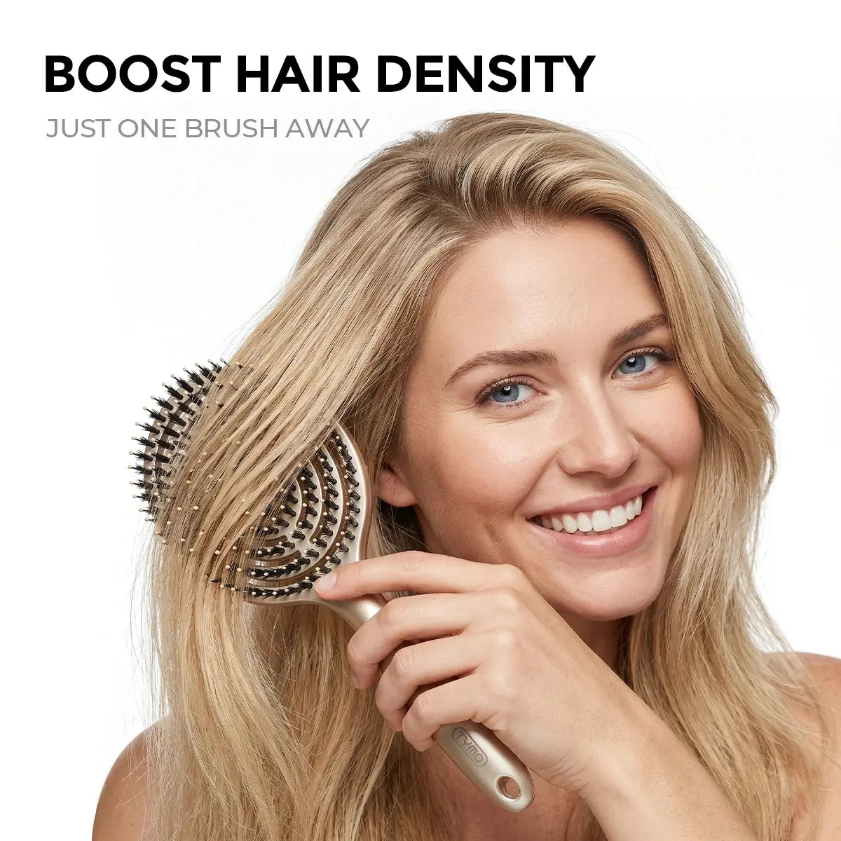 Smiling woman using the TYMO RootLift Brush through her hair, demonstrating how it can boost hair density in just one brush