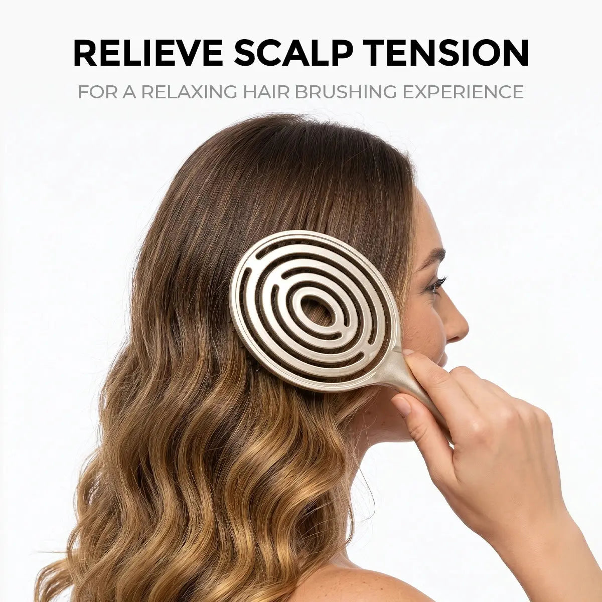 Woman using the spiral vented side of the TYMO RootLift Brush directly on her scalp to relieve tension and enjoy a relaxing hair brushing experience