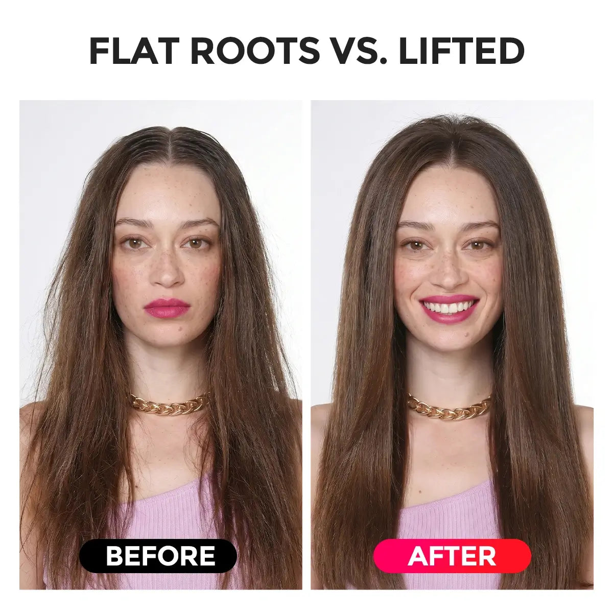 Side-by-side comparison: 'Flat Roots' before using TYMO RootLift Brush versus 'Lifted' roots and volumized hair after usage