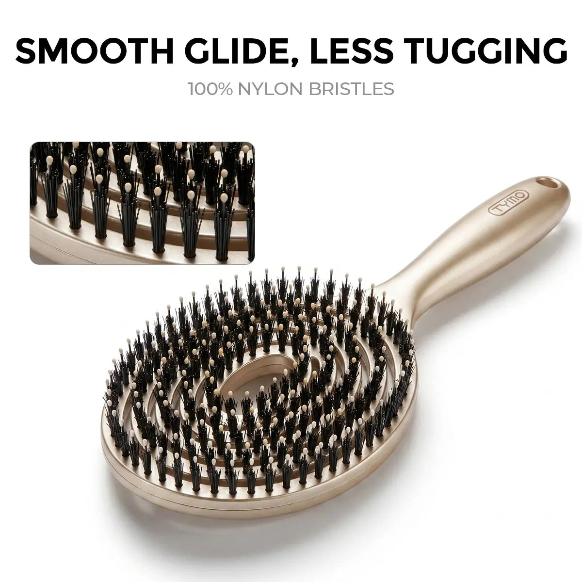 TYMO RootLift Brush with 100% nylon bristles for a smooth glide and less tugging, with a close-up inset of the bristle clusters