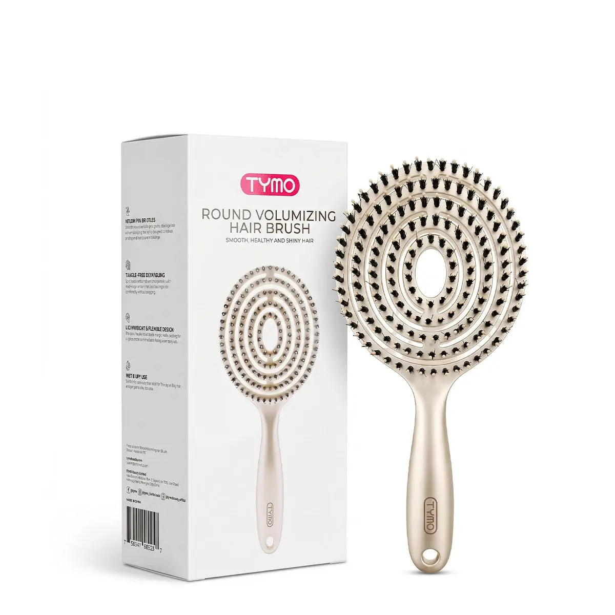 TYMO RootLift Brush round volumizing hair brush shown with its official white and pink product packaging box