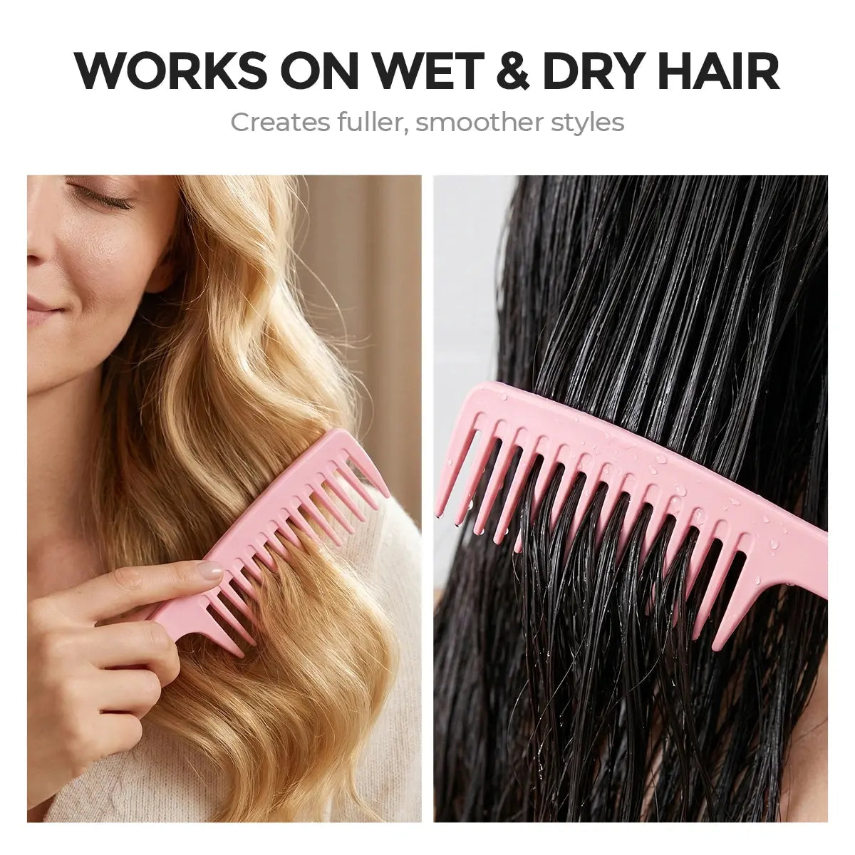 Split-screen demonstration of TYMO LooseWave Comb working on dry wavy hair and wet damp hair for versatile styling