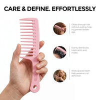 TYMO LooseWave Comb held in hand highlighting wide-spaced teeth design for smooth gliding, hair mask distribution, and curl definition