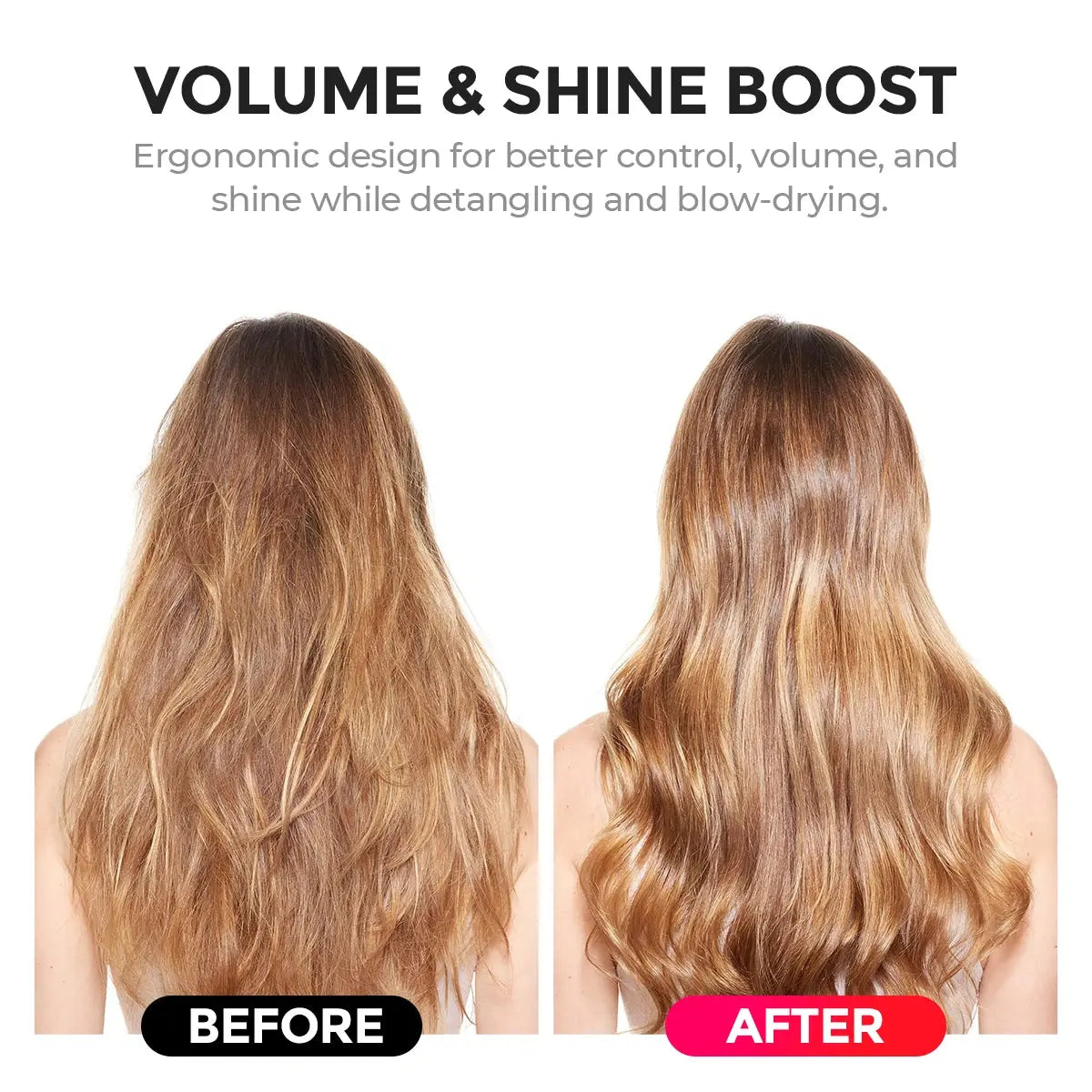 Before and after visual comparison showing volume and shine boost after detangling hair with TYMO LooseWave Comb