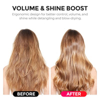 Before and after visual comparison showing volume and shine boost after detangling hair with TYMO LooseWave Comb