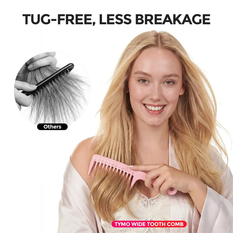 Woman using TYMO LooseWave Comb for tug-free detangling with reduced hair breakage compared to traditional combs