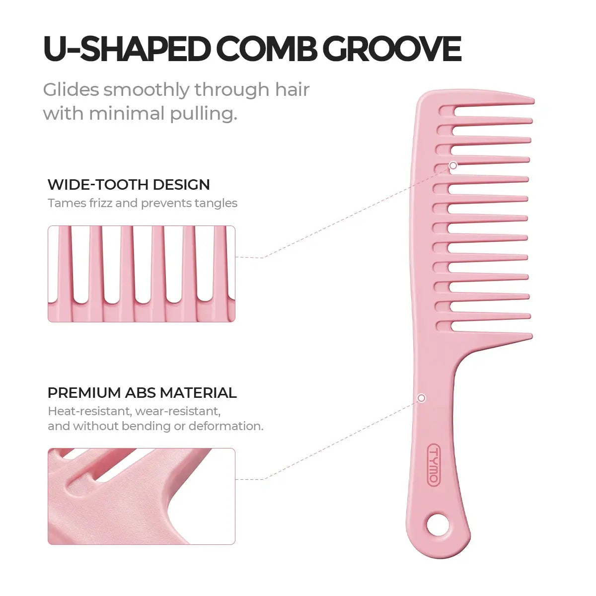 Close-up feature callouts of TYMO LooseWave Comb highlighting U-shaped comb groove, wide-tooth design, and heat-resistant premium ABS material