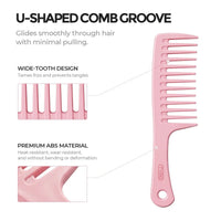 Close-up feature callouts of TYMO LooseWave Comb highlighting U-shaped comb groove, wide-tooth design, and heat-resistant premium ABS material