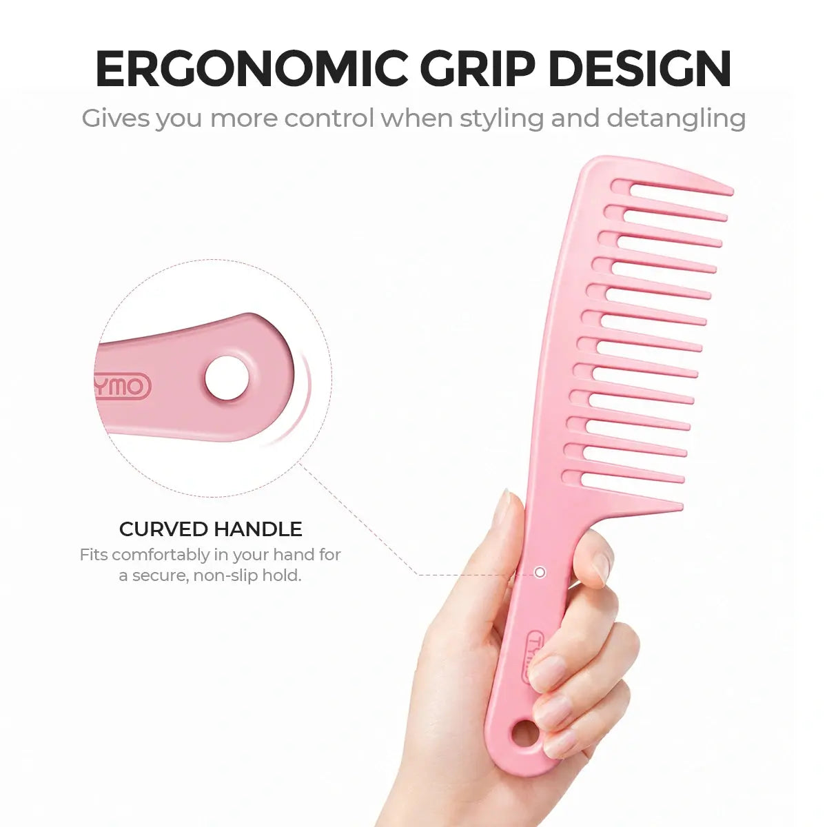 Hand holding TYMO LooseWave Comb with close-up breakdown of ergonomic curved handle for secure non-slip hold