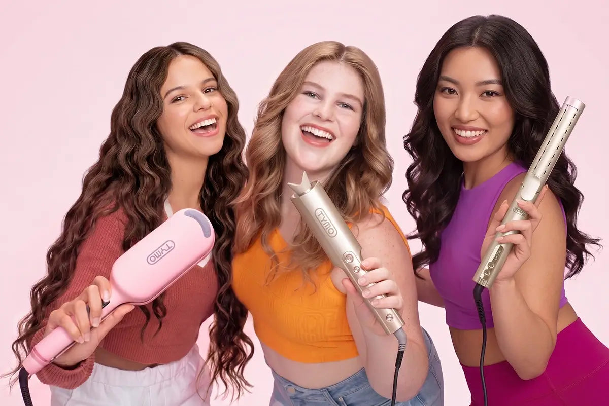 Three women with wavy and curly hair showcasing TYMO hair curling and styling tools