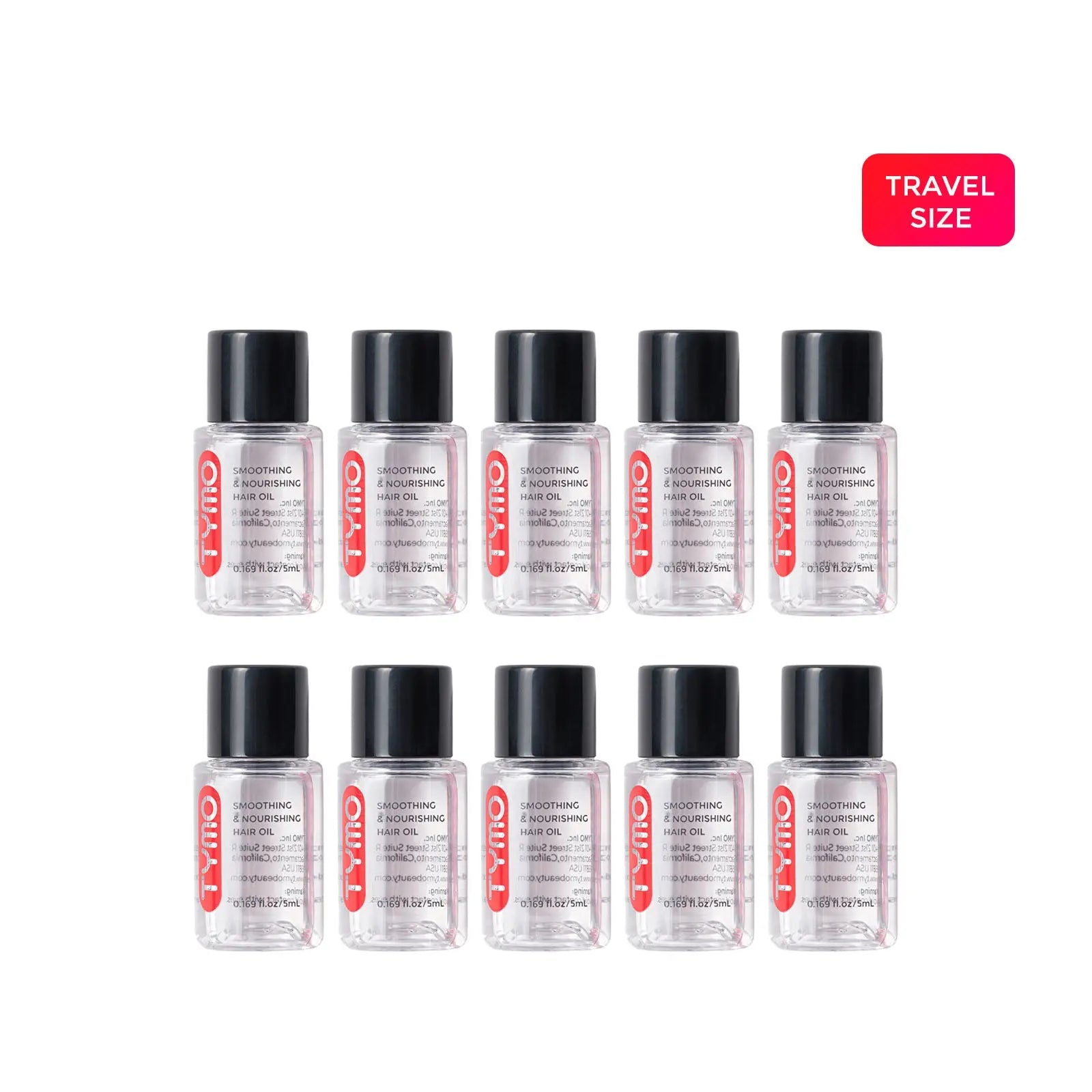 Set of 10 travel-size TYMO Smoothing & Nourishing Hair Oil mini bottles, 5ml each, arranged in two rows against a white background.