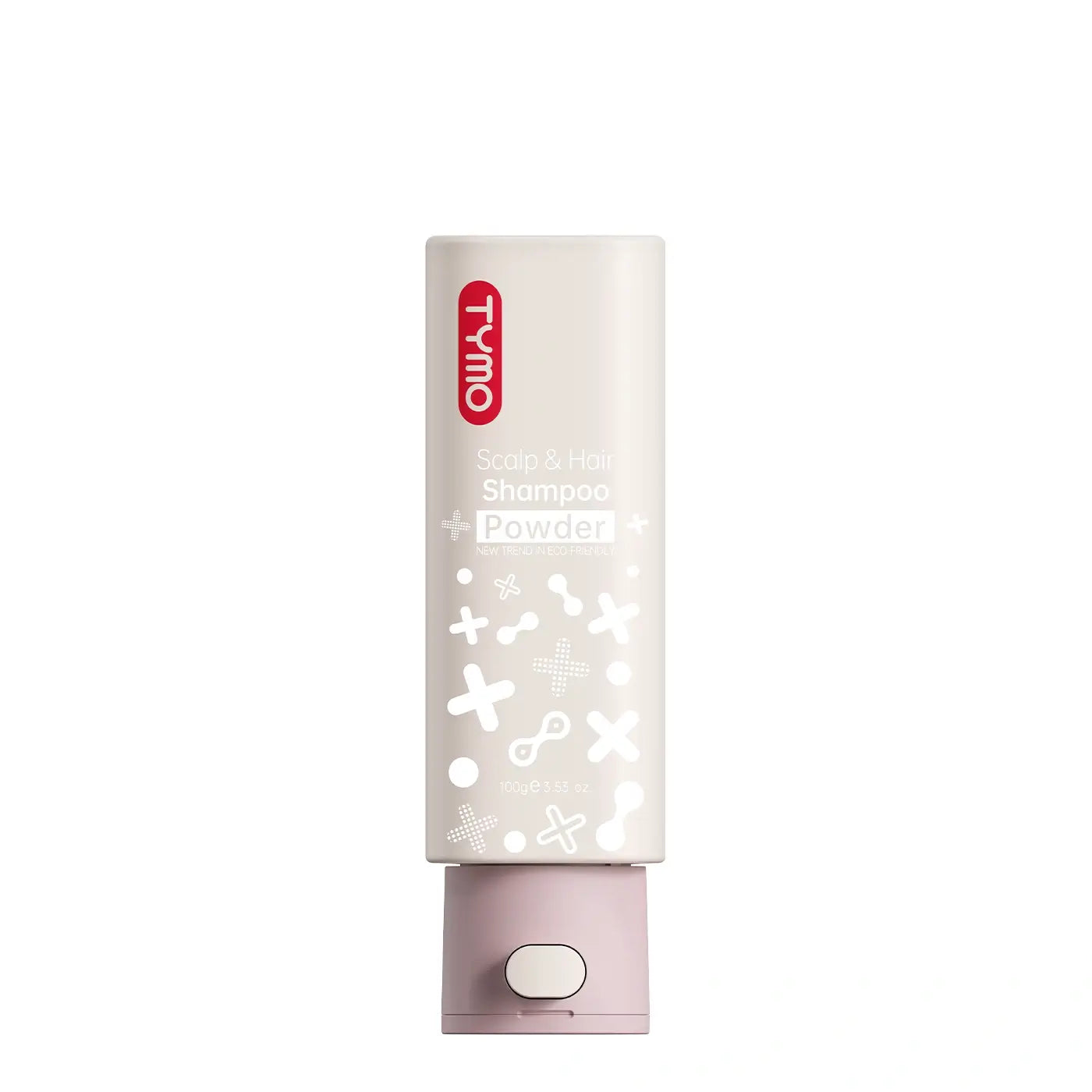 Product shot of the TYMO Conditioning Shampoo Powder in an eco-friendly light pink dispenser bottle with a matching soft pink base for scalp nourishing and hair care.