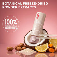 TYMO Conditioning Shampoo Powder formulated with lyophilization freeze-dried technology containing 281 active botanical extracts, argan oil, coconut, and turmeric.