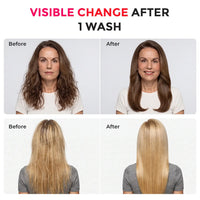 Before and after results showing visible hair improvement after 1 wash using TYMO Conditioning Shampoo Powder on wavy brown and frizzy blonde hair.