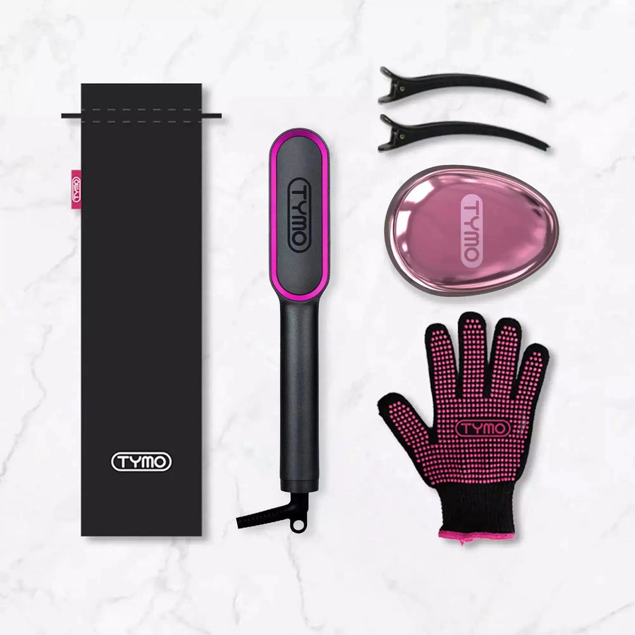 TYMO RING hair straightener brush package includes gloves, clips, travel case, and charging base for convenience.