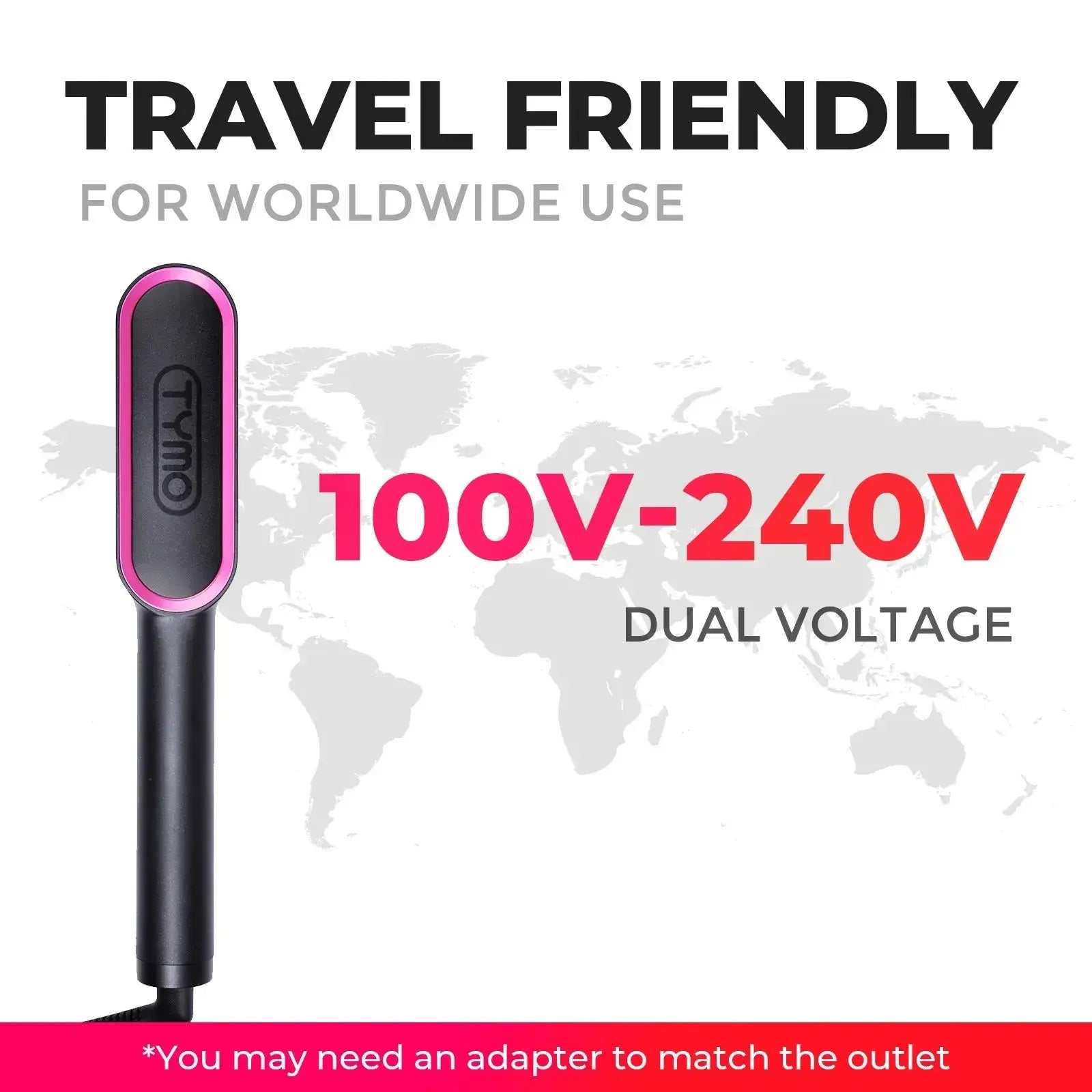 TYMO RING travel heated comb with 100-240V dual voltage.