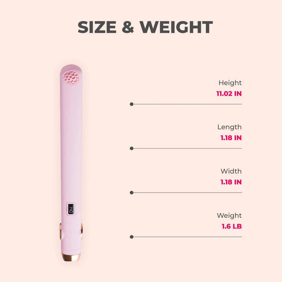 TYMO SWAY hair straightener flat iron product dimensions and weight shown on pink background