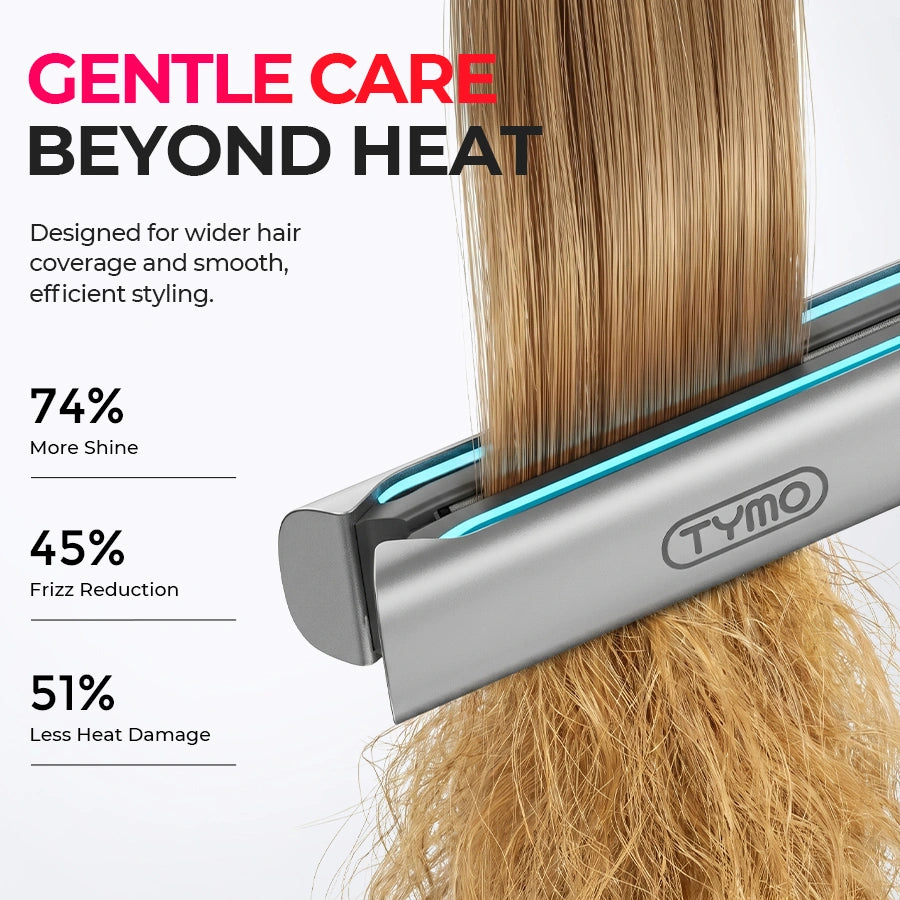 TYMO FLAIGHT HOLO PREMIUM hair straightener gliding through hair to deliver 74% more shine, 45% frizz reduction, and 51% less heat damage