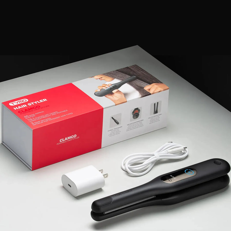 TYMO CLAMGO BLACK cordless hair styler unboxed alongside its red retail package, USB-C charging cable, and power adapter.