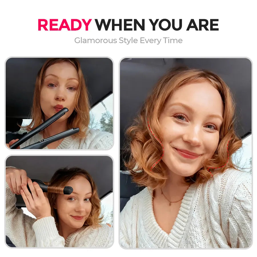 Model using the portable TYMO CLAMGO BLACK cordless hair straightener to style curls while sitting inside a car.