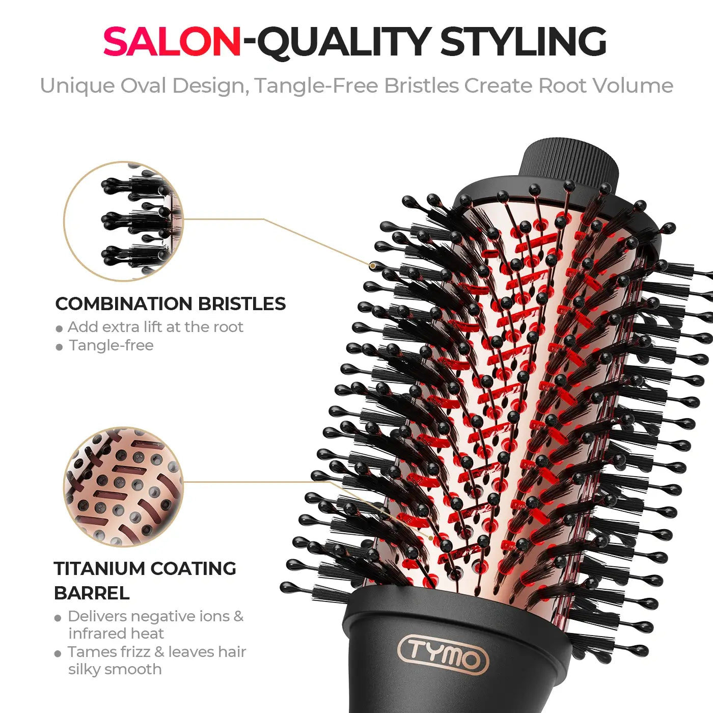 Close-up of TYMO Volumizer Plus combination bristles and titanium coating barrel
