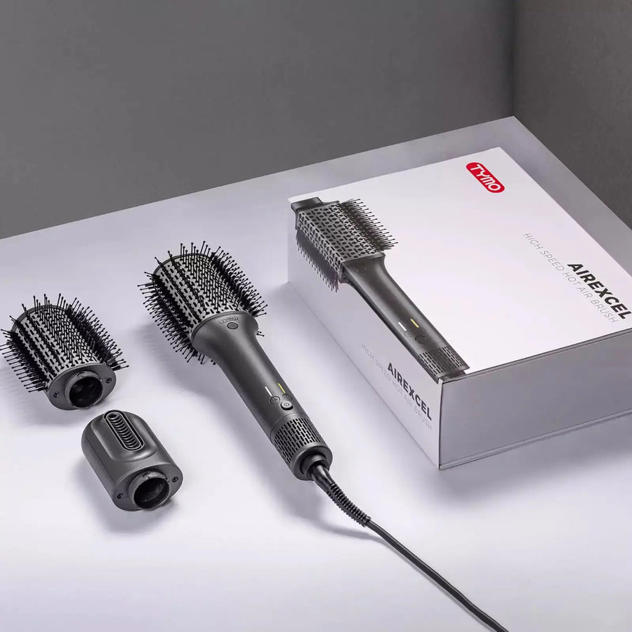 The complete TYMO AIREXCEL hair dryer straightener brush set comes with all accessories packaged.