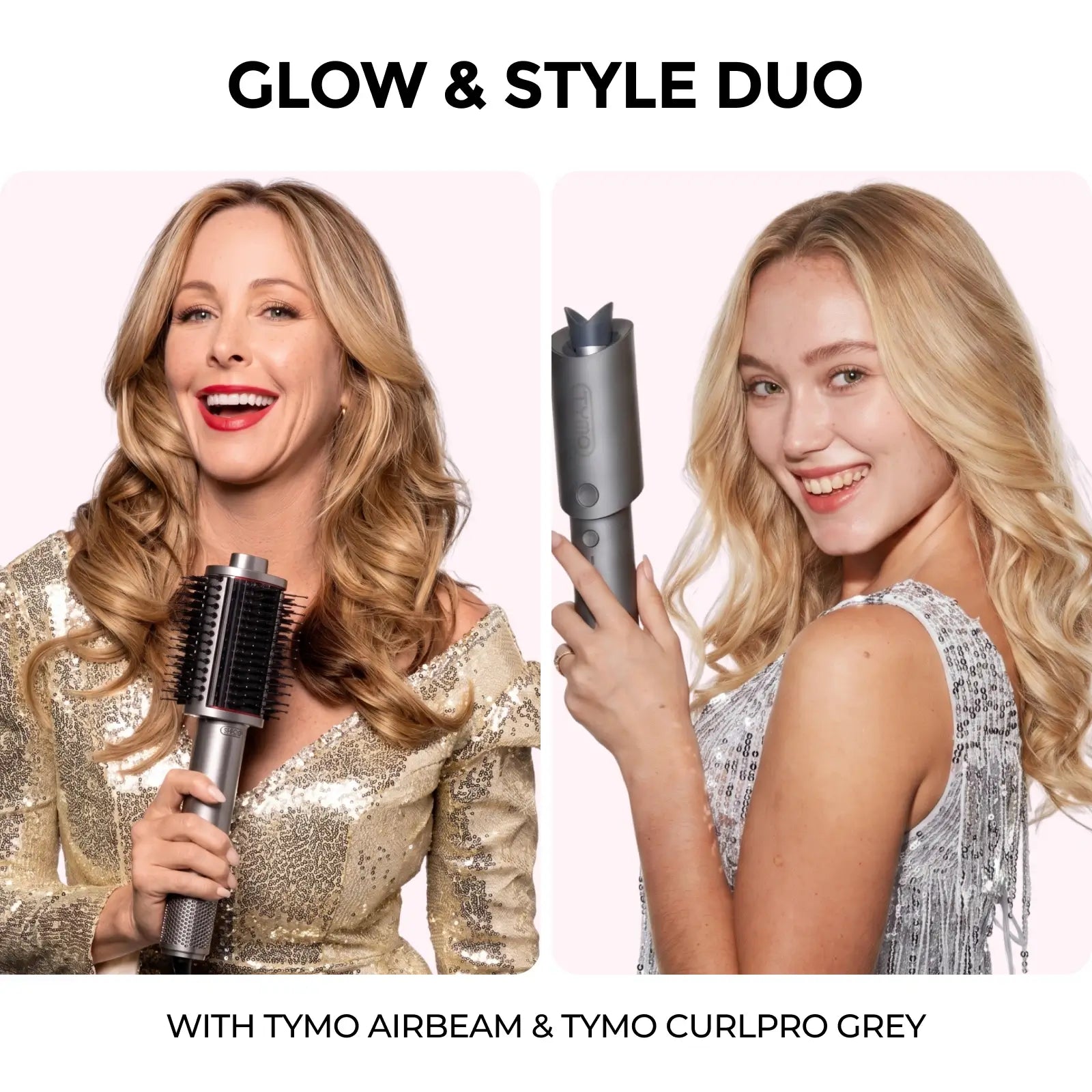 Two smiling women showing styled wavy hair with TYMO Airbeam and TYMO CurlPro grey tools