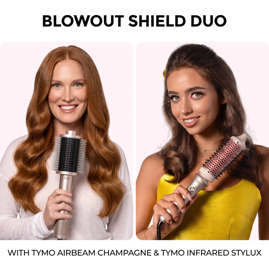Two women holding TYMO Airbeam hot air brush and TYMO Stylux infrared thermal brush for blowout styling