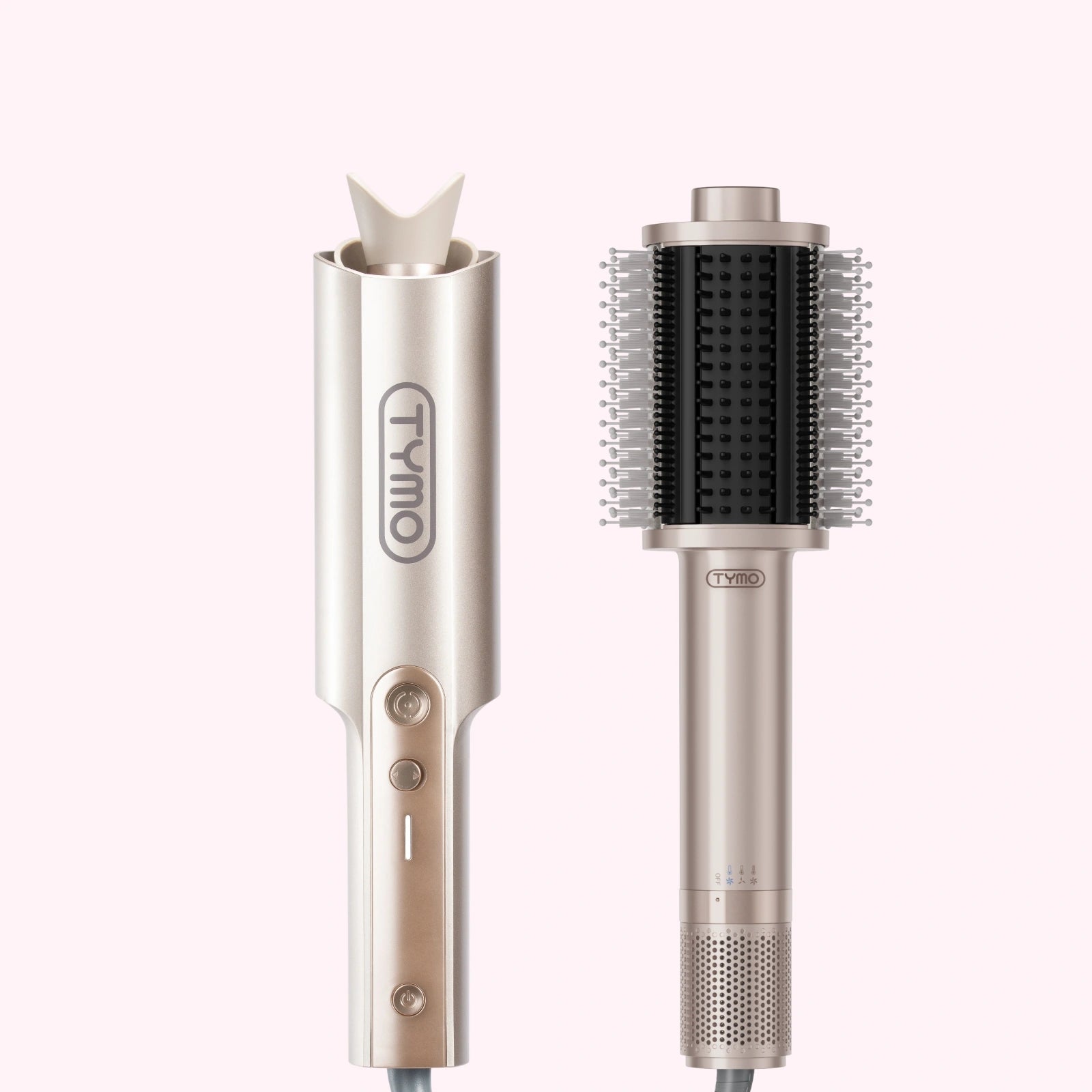 TYMO CurlPro Plus champagne gold auto curler and TYMO Airbeam champagne hot air brush set