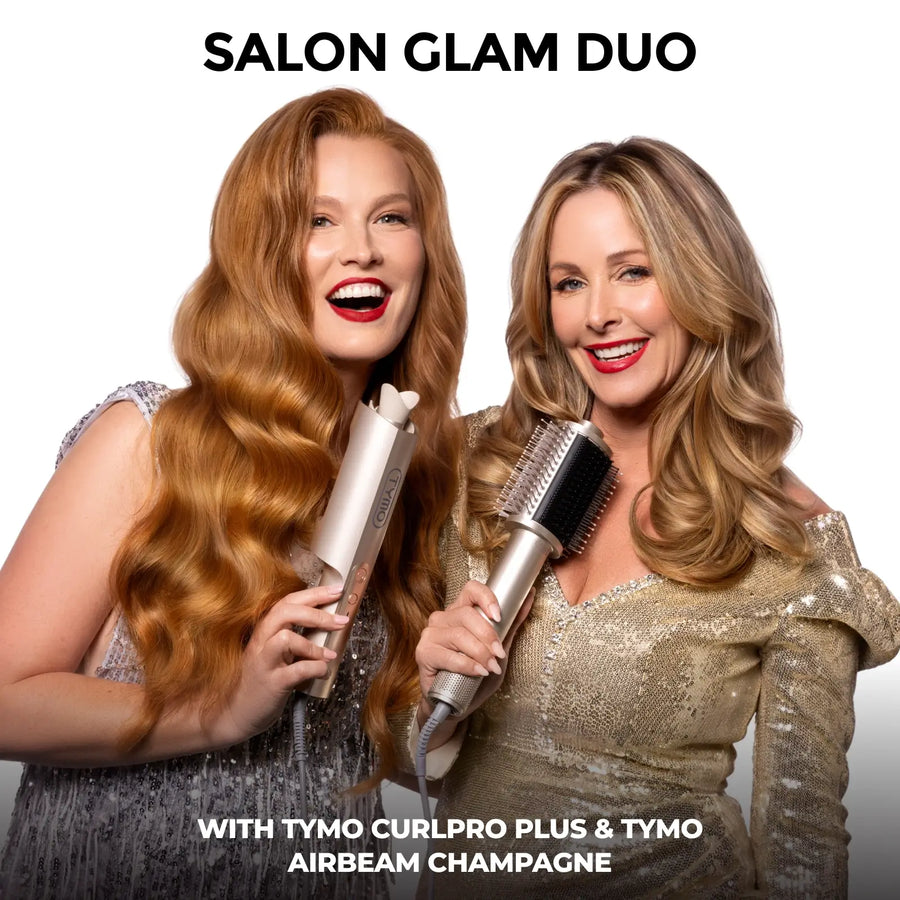 Two women holding TYMO CurlPro Plus auto curler and TYMO Airbeam champagne hot air brush for styled hair