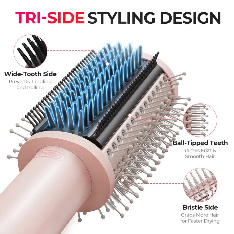 TRI-SIDE styling design with TYMO AIRBEAM PINK hair dryer brush