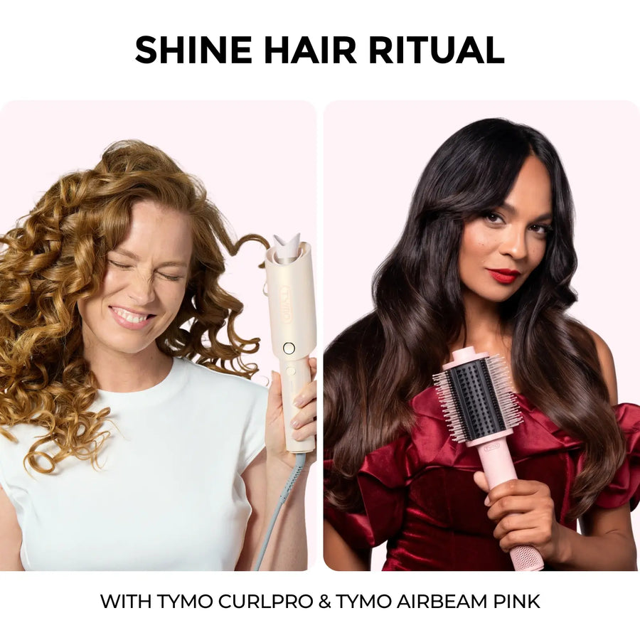 Two women holding TYMO CurlPro auto curler and TYMO Airbeam pink hot air brush for hair styling