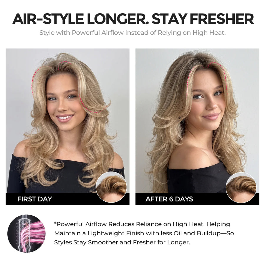 Hairstyle lasting effect comparison: day‑1 look vs after 6 days, low‑heat airflow styling keeps hair fresher longer