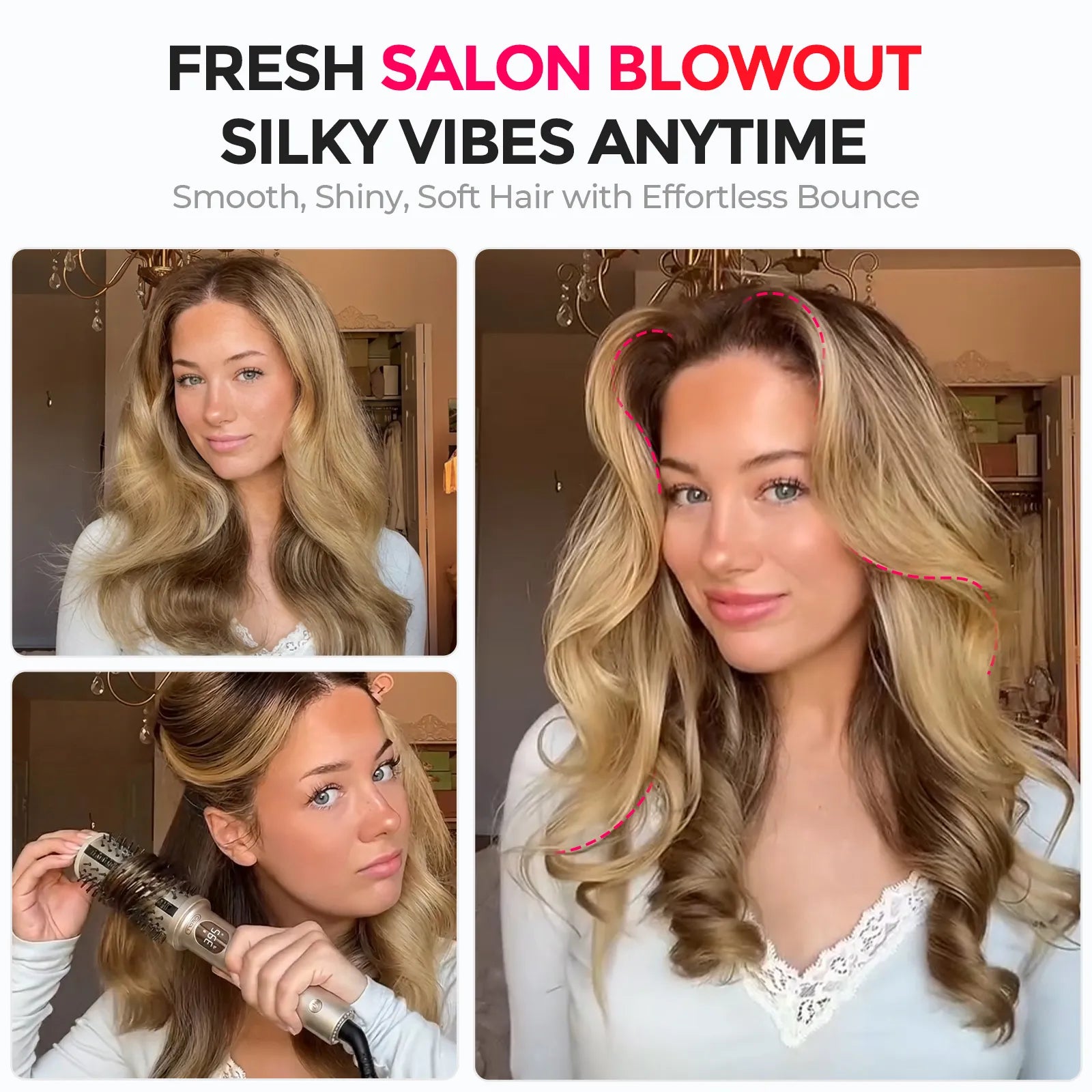 A model demonstrating a fresh salon blowout using the TYMO STYLUX PRO to achieve voluminous, shiny, and soft hair with effortless bounce.