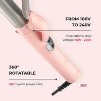 TYMO CUES PINK best curling wand  features dual voltage and 360° swivel cord for international travel use.