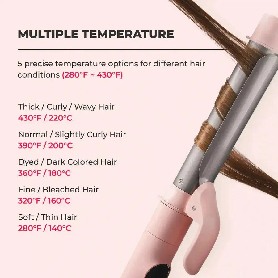 Five precise temperature settings on TYMO CUES PINK curling iron for all hair types from thick to fine.