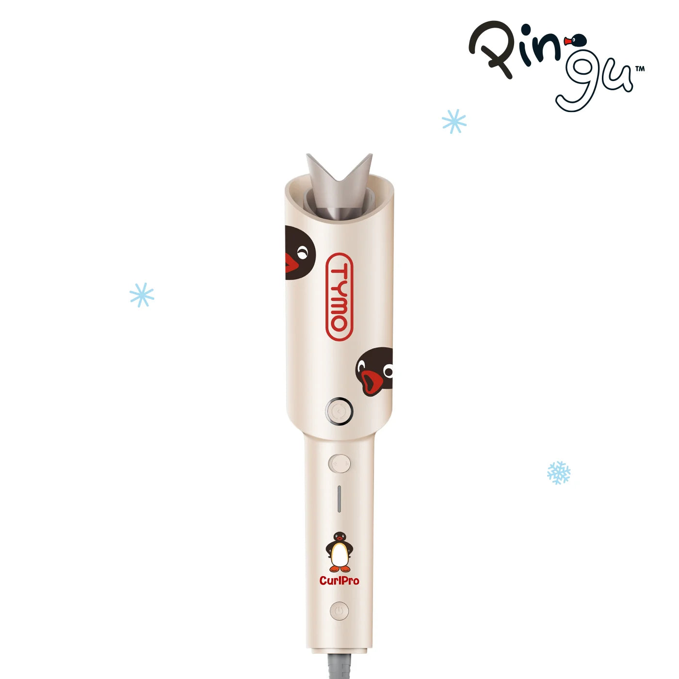TYMO x Pingu CurlPro 1-inch automatic hair curler in beige featuring Pingu graphics.
