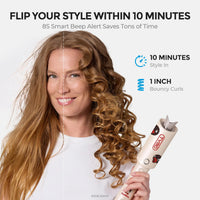 Woman styling hair with TYMO CurlPro showing before and after bouncy 1-inch curls in 10 minutes.