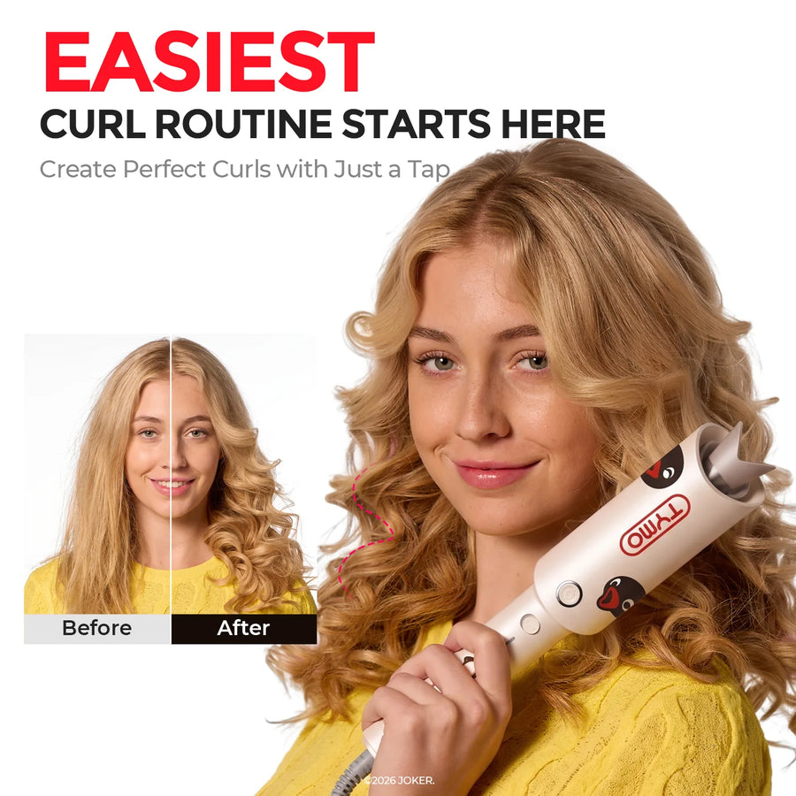 Woman demonstrating easy one-tap auto curling with TYMO CurlPro before and after results.