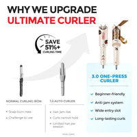Comparison highlighting benefits of the 3.0 One-Press Curler over traditional curling irons.