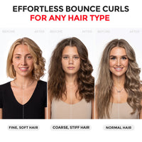 Before and after curling results on fine, coarse, and normal hair types.