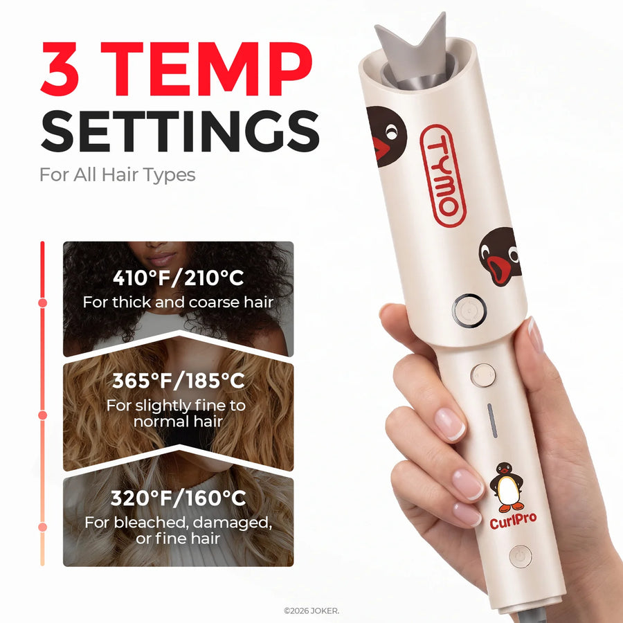 Tymo CurlPro auto curler displaying 3 temperature settings for different hair types.