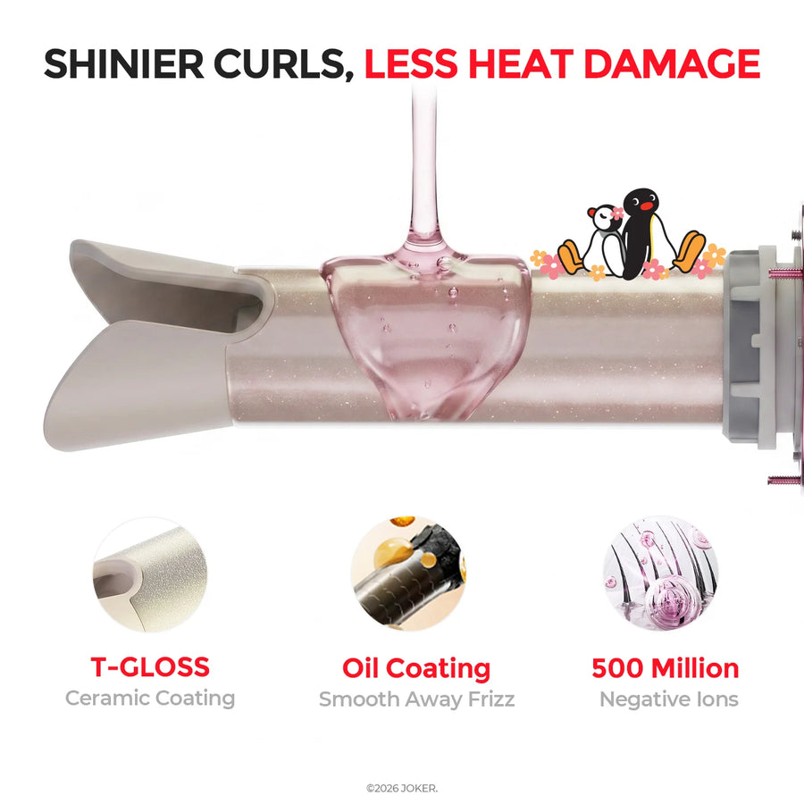 Curler barrel with T-Gloss ceramic coating, oil coating, and negative ion technology.