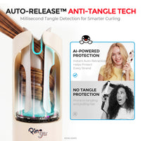 TYMO CurlPro auto-release anti-tangle technology showing smooth hair curling versus tangled hair.