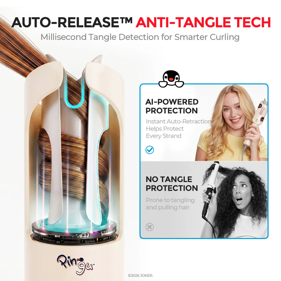 TYMO CurlPro auto-release anti-tangle technology showing smooth hair curling versus tangled hair.