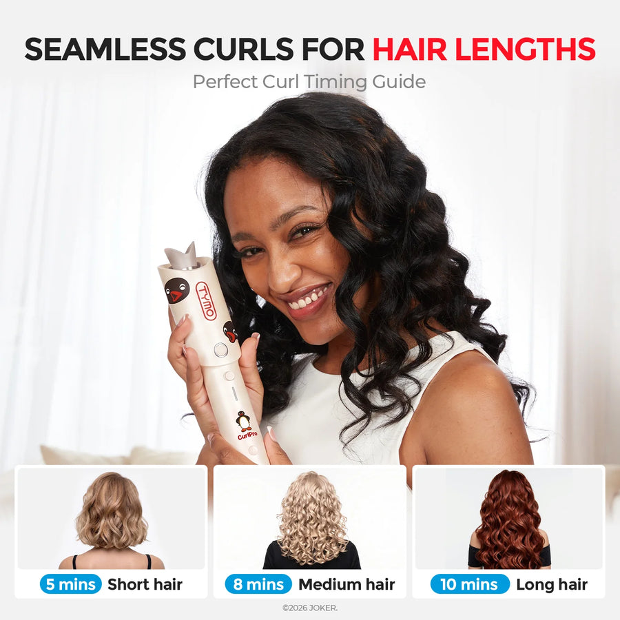 Hair styling guide showing 5, 8, and 10-minute curling times for short, medium, and long hair.