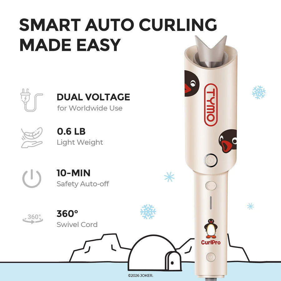 TYMO CurlPro features dual voltage, lightweight 0.6 lb design, 10-min auto-off, and 360° swivel cord.