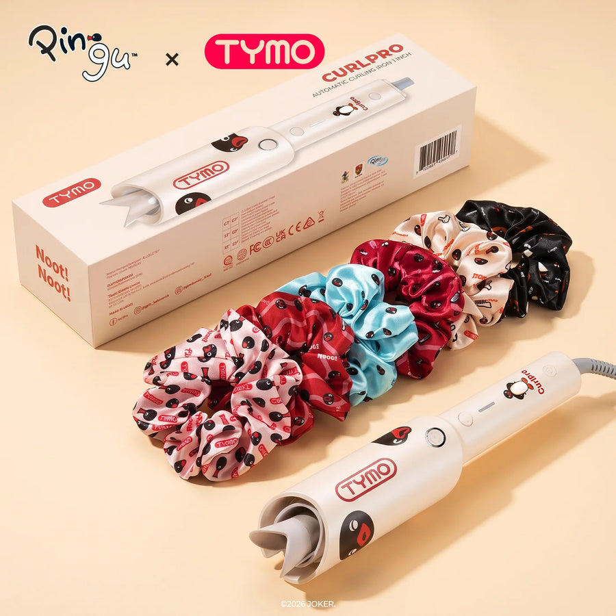TYMO x Pingu CurlPro automatic curling iron set with packaging box and matching scrunchies.