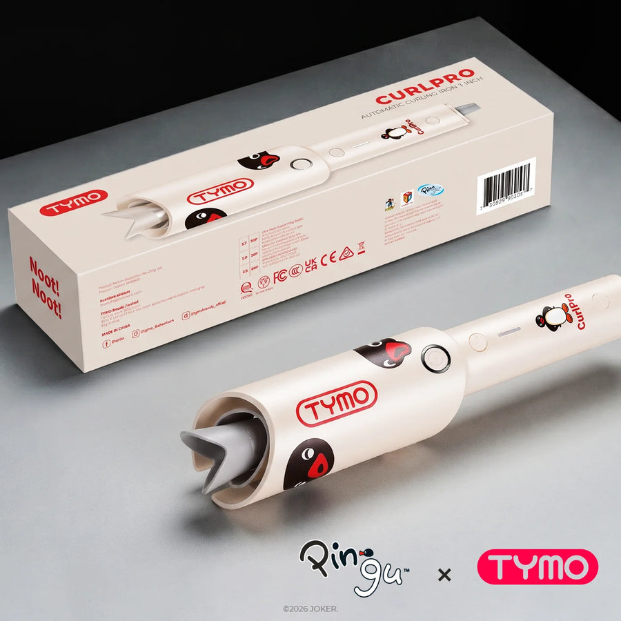 TYMO x Pingu CurlPro 1-inch automatic curling iron with packaging box.