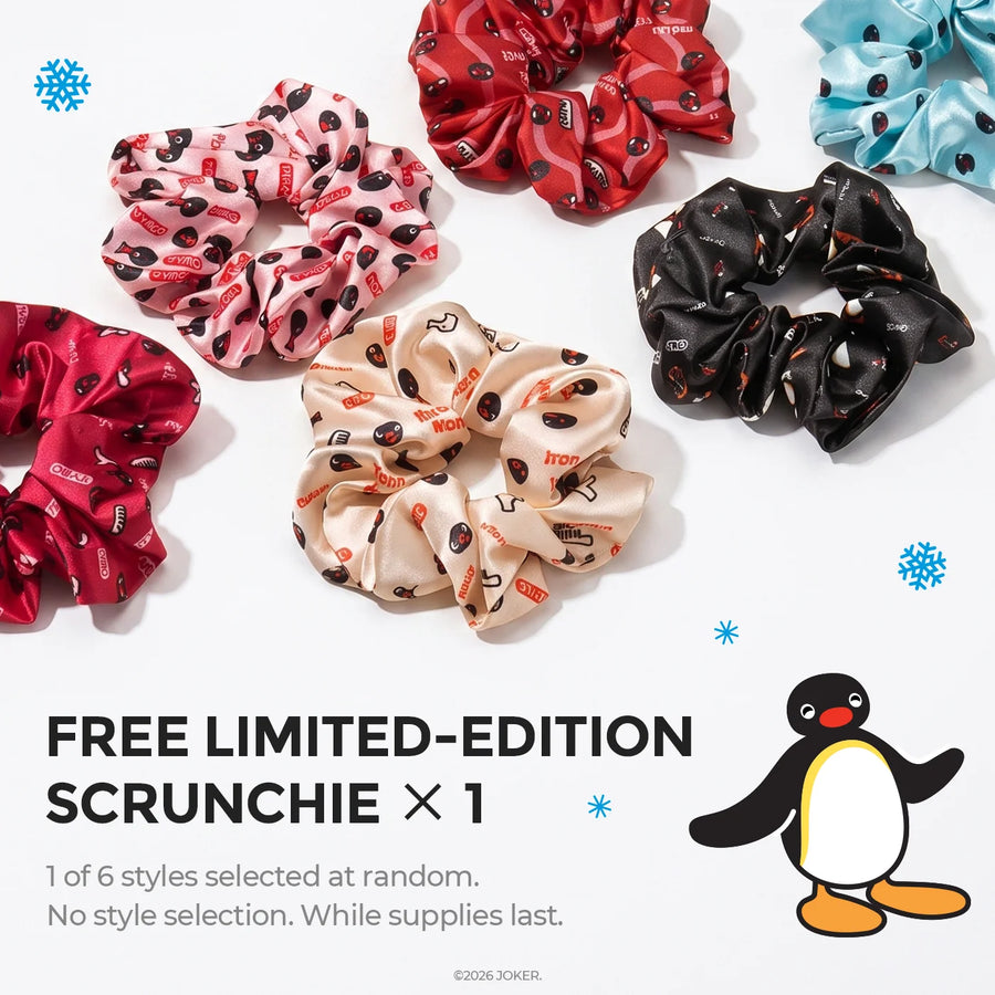 Free limited-edition Pingu satin scrunchie gift with purchase.